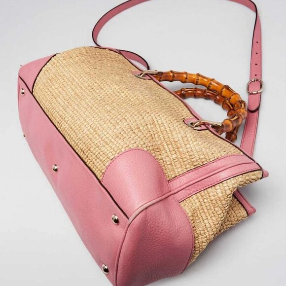 Gucci Natural Woven Straw and Pink Leather Medium Bamboo Shopper Tote Bag - Picture 3 of 12